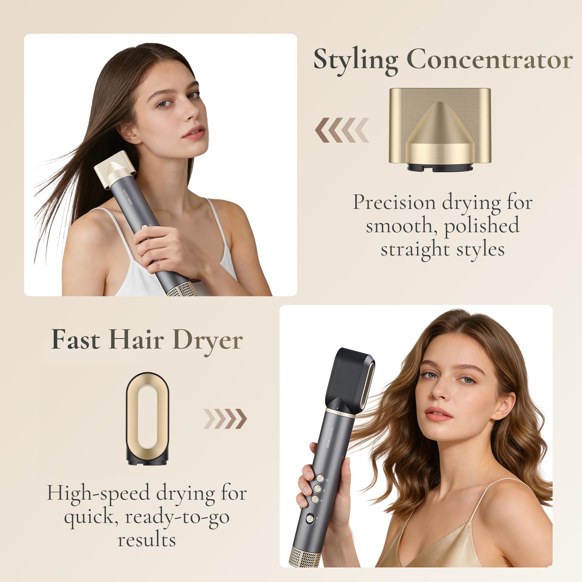 BarberBoss All-in-One Hot Air Styler, Professional Fast Drying Hair Dryer, Anti Frizz, Negative Ionic Technology Air Styler, Volumiser and Curler, Straightener, High Speed Hair Styling Tool, QR-8820 - New