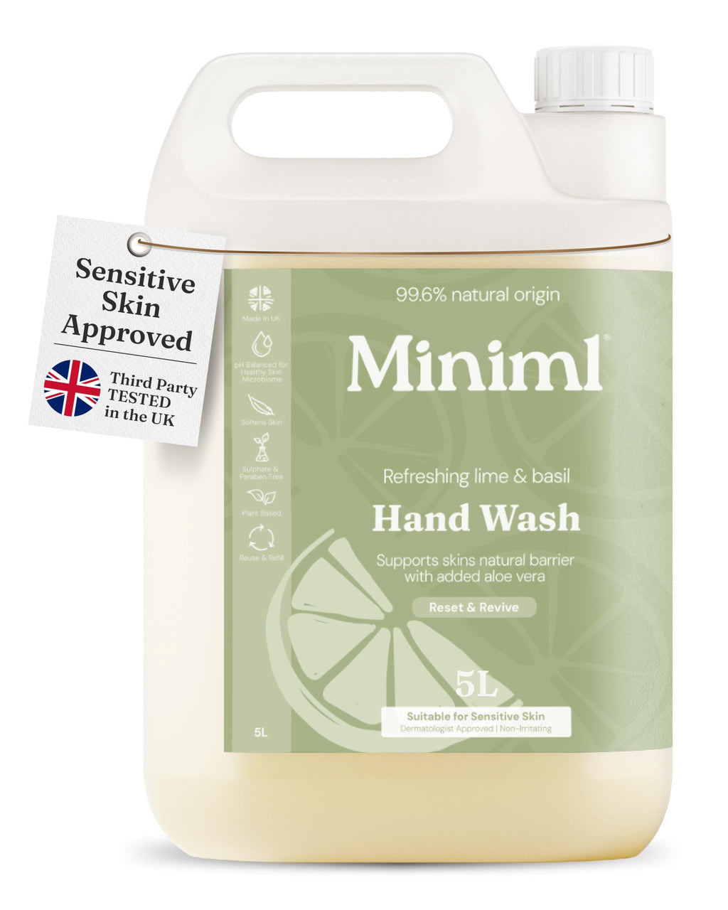 Miniml Hand Wash Liquid 5L Refill - Lime Basil Mandarin - Vegan Cruelty-Free Hand Skin Body Wash Gel Sensitive Skin Bulk Eco Pack - Damaged Box