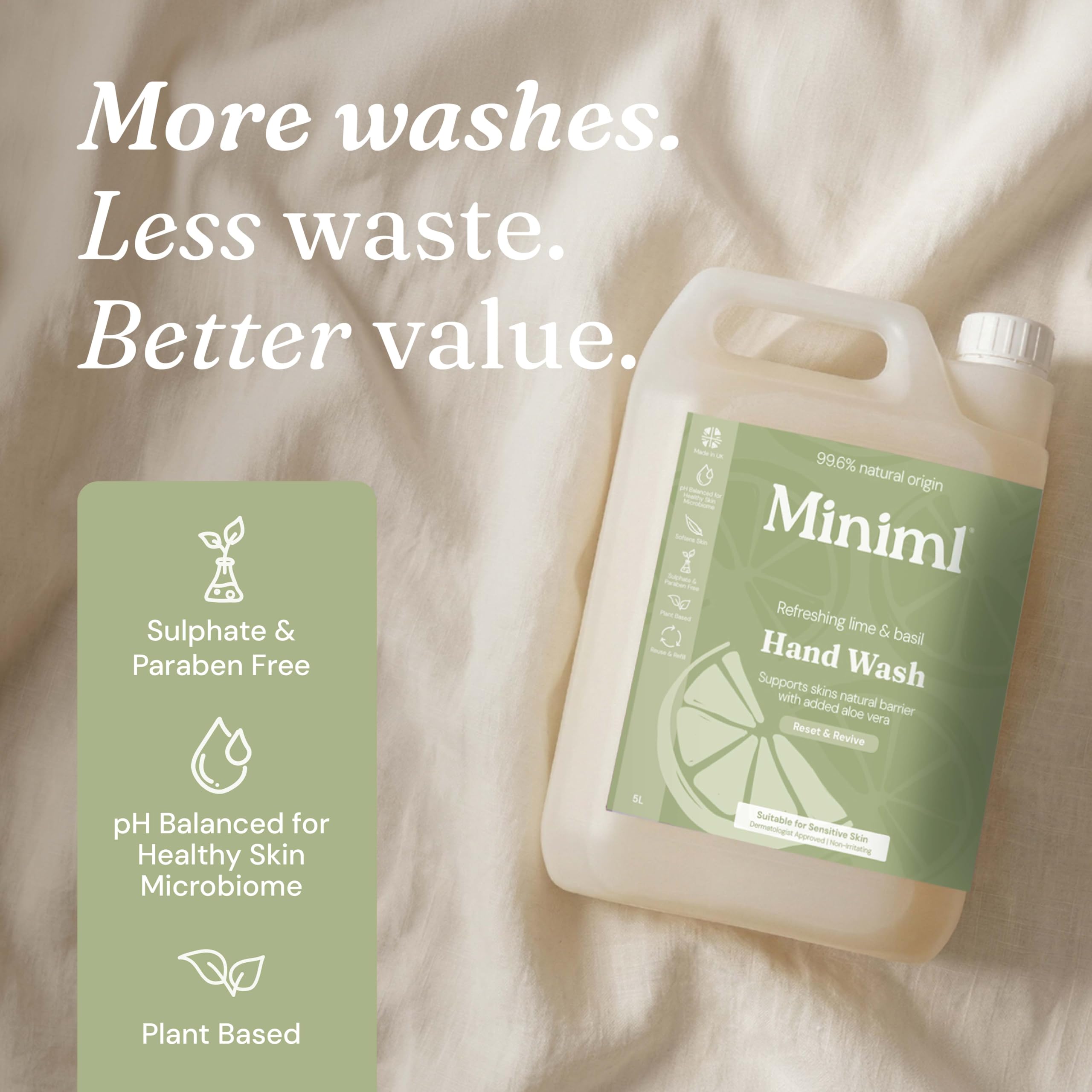 Miniml Hand Wash Liquid 5L Refill - Lime Basil Mandarin - Vegan Cruelty-Free Hand Skin Body Wash Gel Sensitive Skin Bulk Eco Pack - Damaged Box