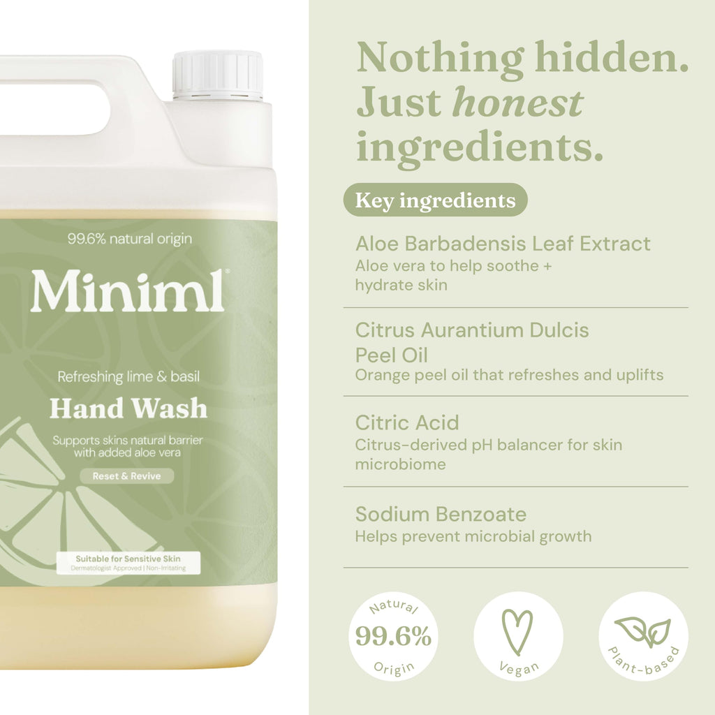 Miniml Hand Wash Liquid 5L Refill - Lime Basil Mandarin - Vegan Cruelty-Free Hand Skin Body Wash Gel Sensitive Skin Bulk Eco Pack - Damaged Box