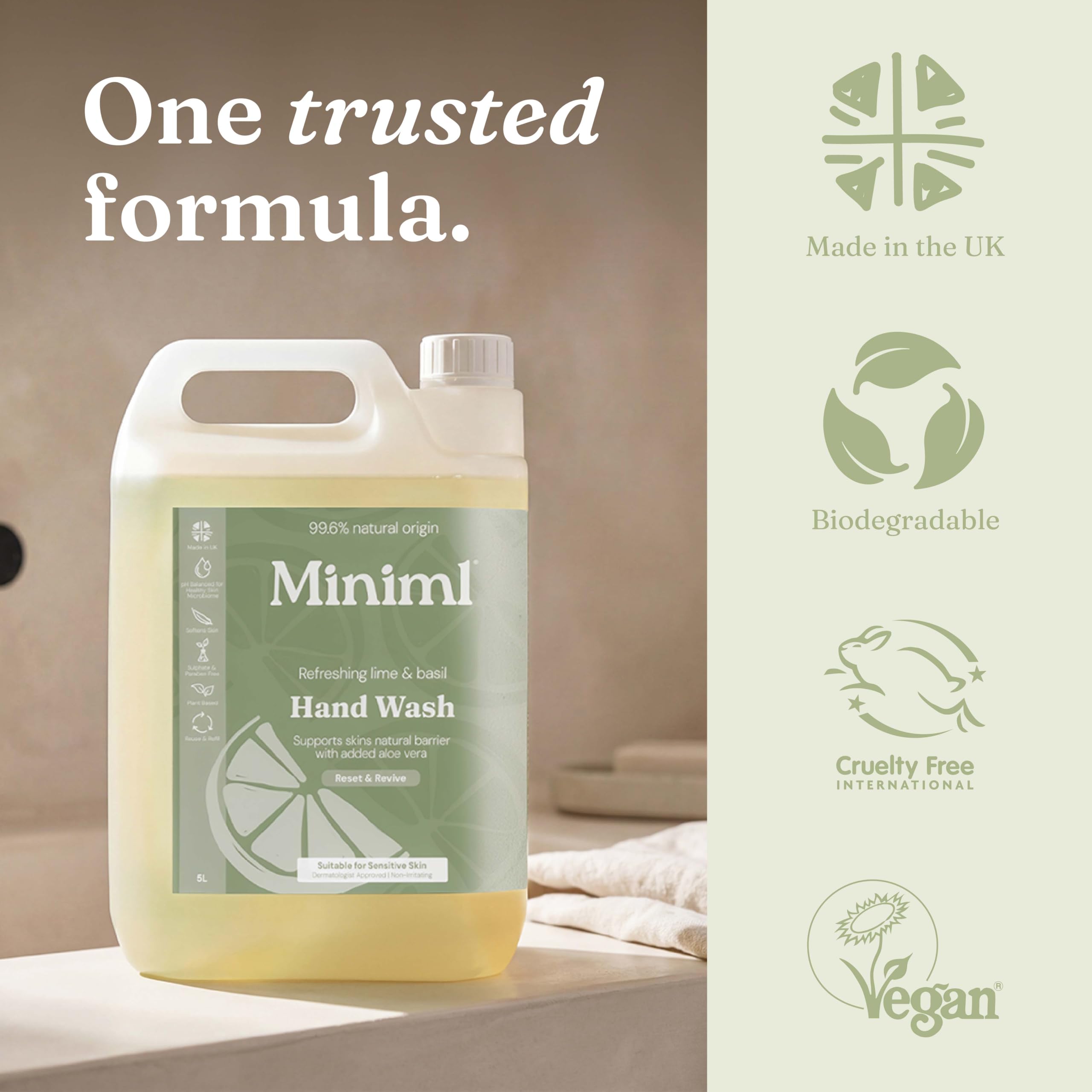 Miniml Hand Wash Liquid 5L Refill - Lime Basil Mandarin - Vegan Cruelty-Free Hand Skin Body Wash Gel Sensitive Skin Bulk Eco Pack - Damaged Box