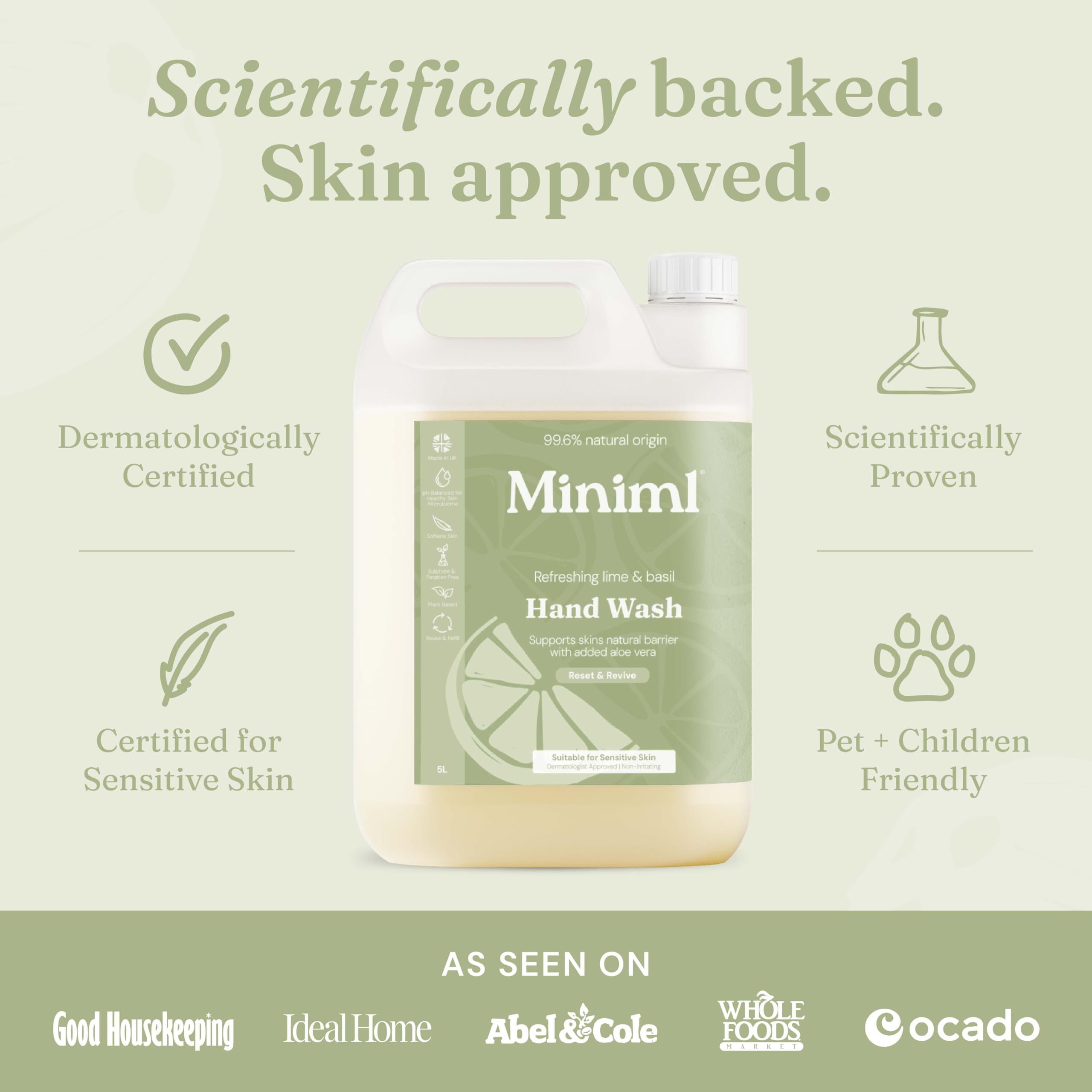 Miniml Hand Wash Liquid 5L Refill - Lime Basil Mandarin - Vegan Cruelty-Free Hand Skin Body Wash Gel Sensitive Skin Bulk Eco Pack - Damaged Box
