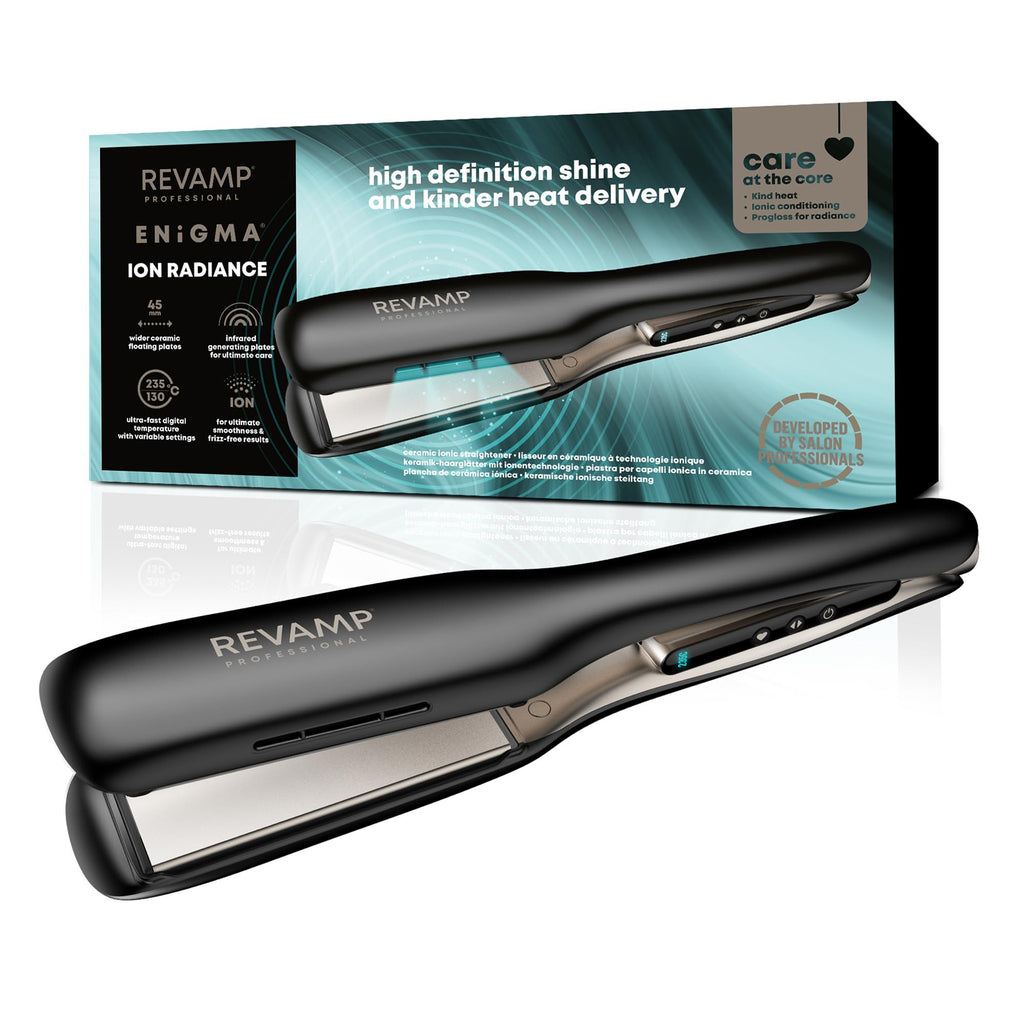 REVAMP Enigma Tri-Care Infrared Ionic Wide Hair Straightener - Extra-Wide Plate Straighteners for Kind, One Stroke Styling, Curved Design for Waves, Curls - Professional Ceramic Hair Straightener - Damaged Box