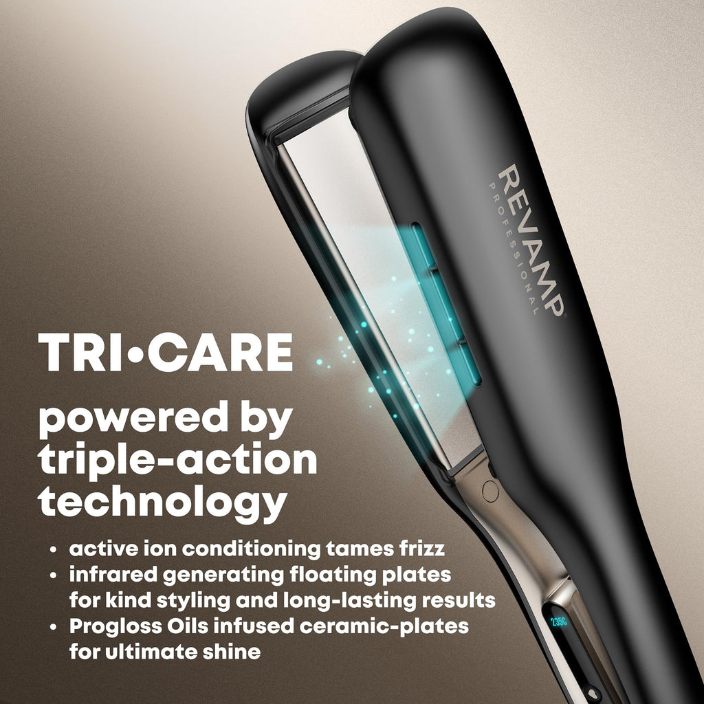 REVAMP Enigma Tri-Care Infrared Ionic Wide Hair Straightener - Extra-Wide Plate Straighteners for Kind, One Stroke Styling, Curved Design for Waves, Curls - Professional Ceramic Hair Straightener - Damaged Box