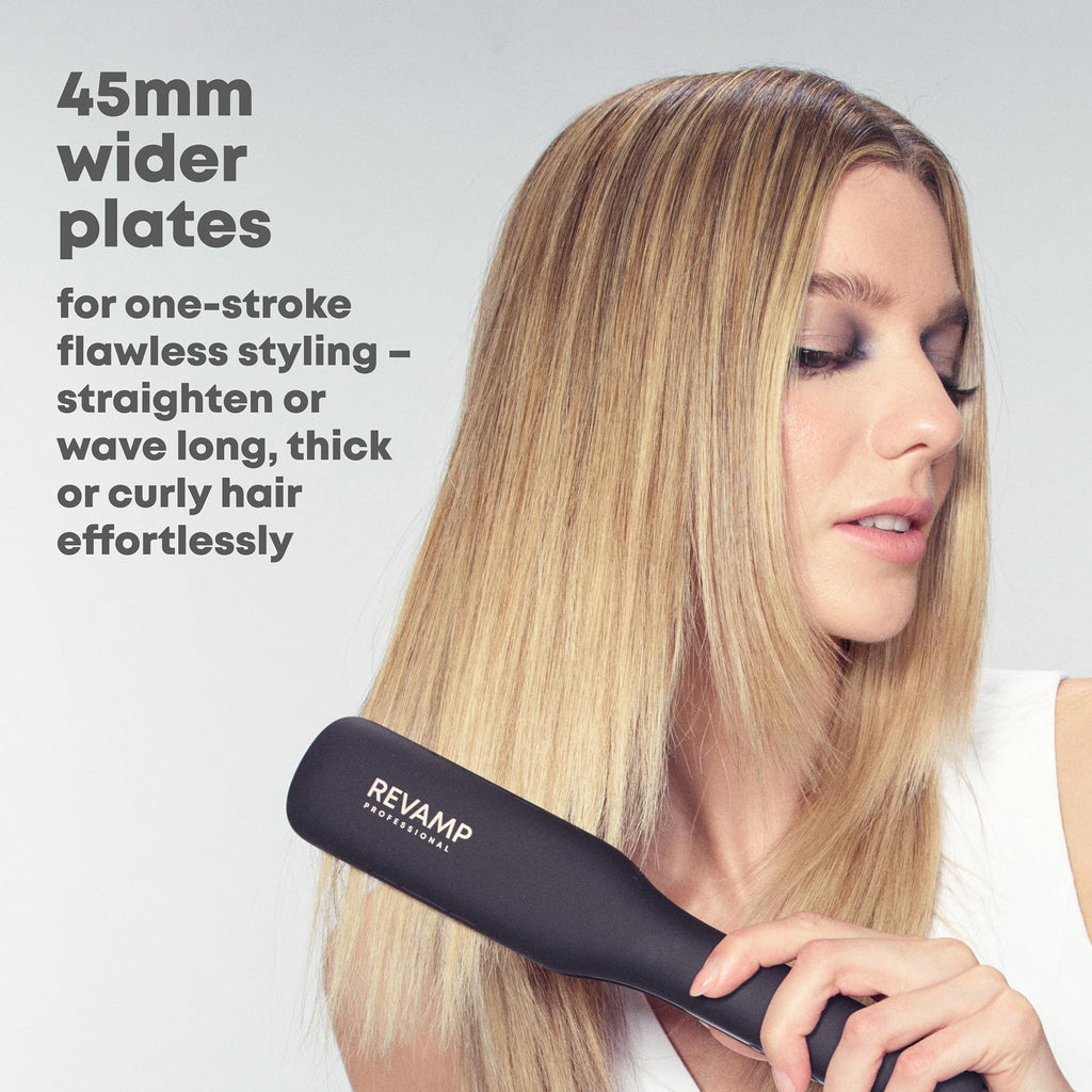 REVAMP Enigma Tri-Care Infrared Ionic Wide Hair Straightener - Extra-Wide Plate Straighteners for Kind, One Stroke Styling, Curved Design for Waves, Curls - Professional Ceramic Hair Straightener - Damaged Box
