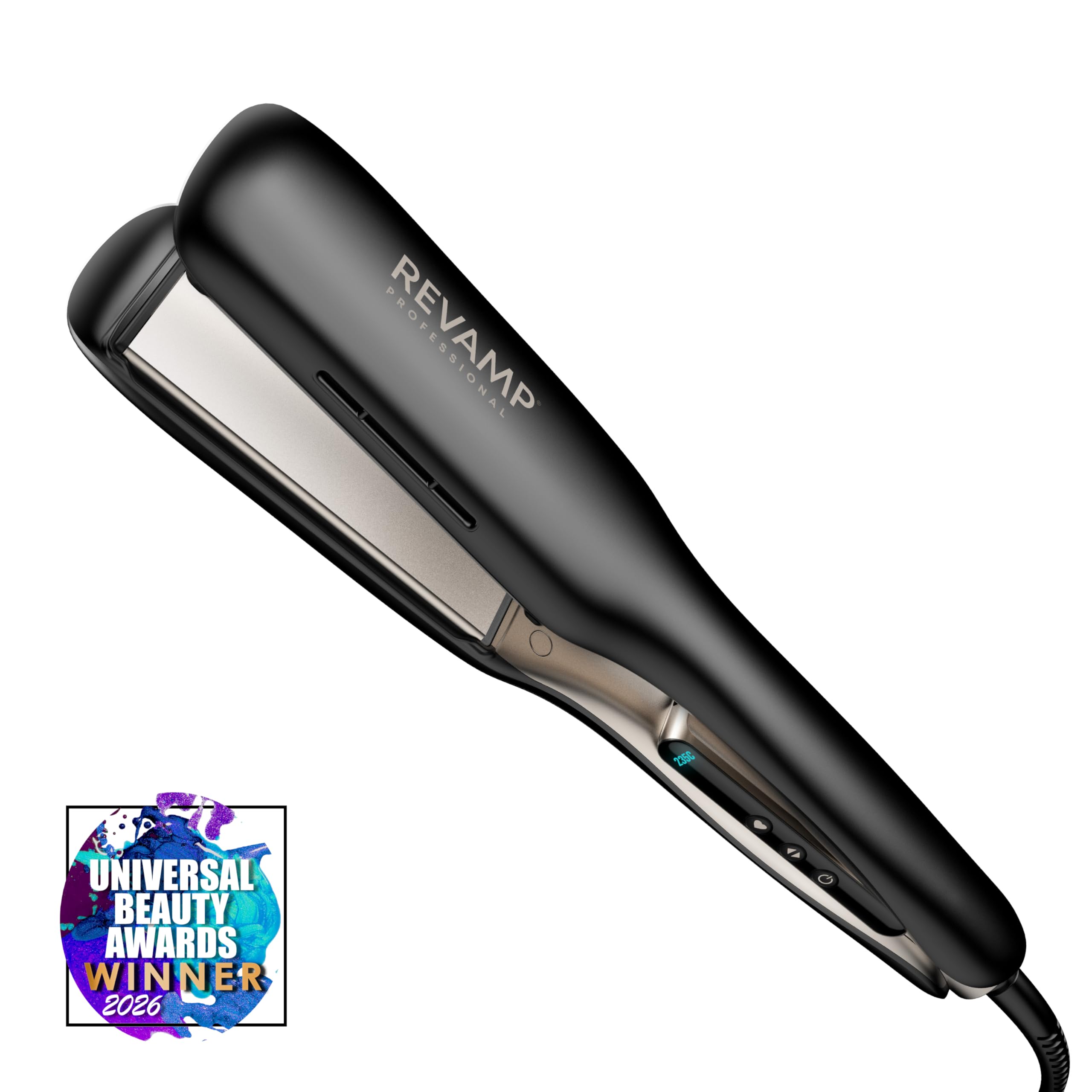 REVAMP Enigma Tri-Care Infrared Ionic Wide Hair Straightener - Extra-Wide Plate Straighteners for Kind, One Stroke Styling, Curved Design for Waves, Curls - Professional Ceramic Hair Straightener - Damaged Box