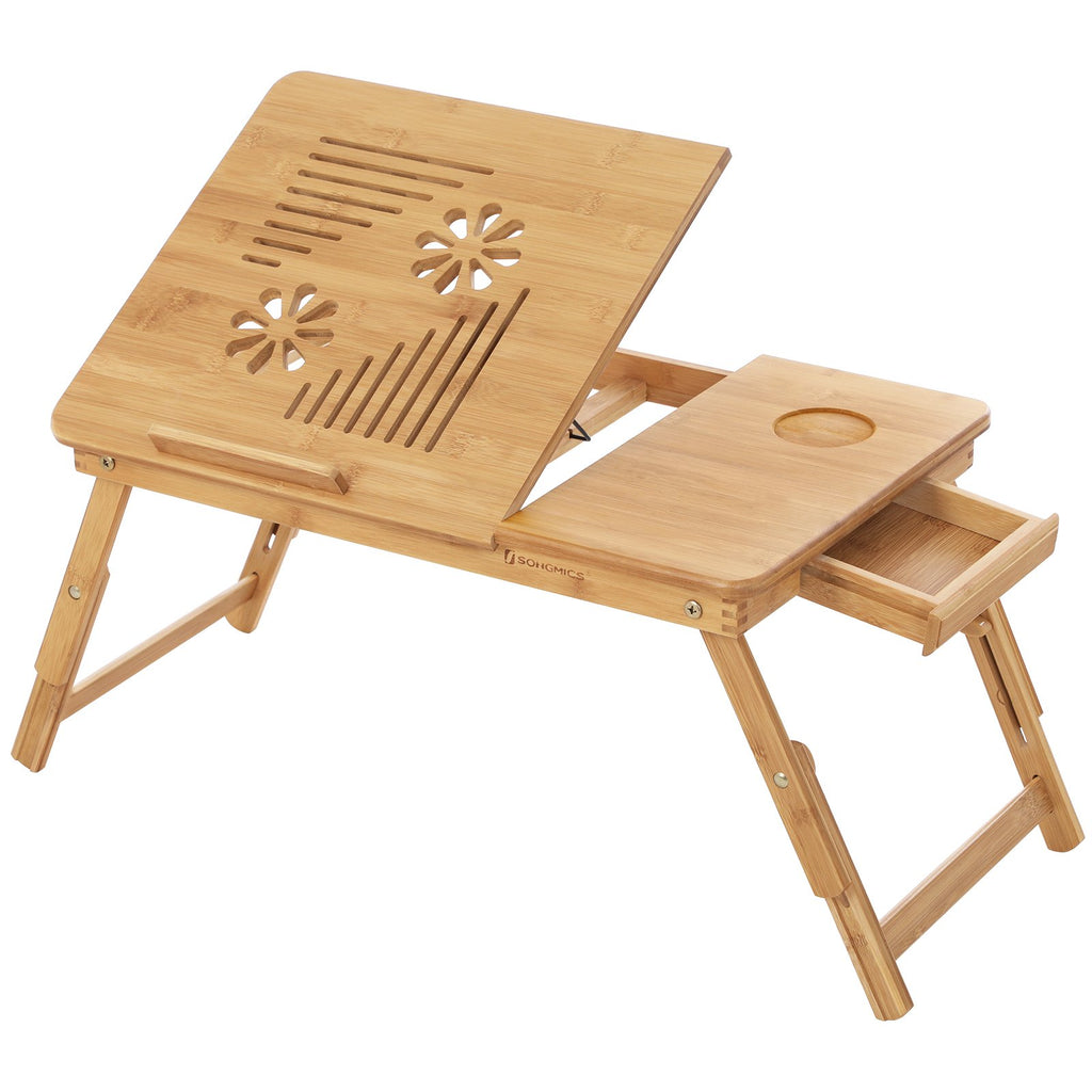 SONGMICS LLD004 Bamboo Laptop Desk - Foldable Bed Table Tray, Height Adjustable, 5 Tilting Angles, Air Holes, Drawer - 72x35cm - Damaged Box
