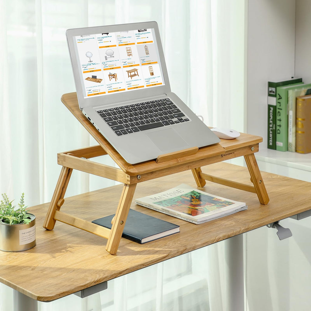 SONGMICS LLD004 Bamboo Laptop Desk - Foldable Bed Table Tray, Height Adjustable, 5 Tilting Angles, Air Holes, Drawer - 72x35cm - Damaged Box