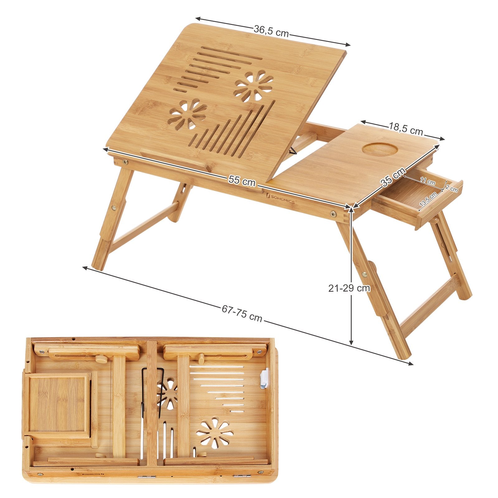 SONGMICS LLD004 Bamboo Laptop Desk - Foldable Bed Table Tray, Height Adjustable, 5 Tilting Angles, Air Holes, Drawer - 72x35cm - Damaged Box