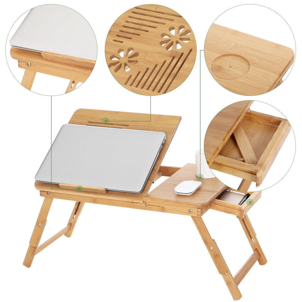 SONGMICS LLD004 Bamboo Laptop Desk - Foldable Bed Table Tray, Height Adjustable, 5 Tilting Angles, Air Holes, Drawer - 72x35cm - Damaged Box