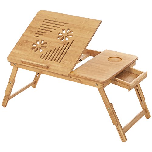 SONGMICS LLD004 Bamboo Laptop Desk - Foldable Bed Table Tray, Height Adjustable, 5 Tilting Angles, Air Holes, Drawer - 72x35cm - Damaged Box
