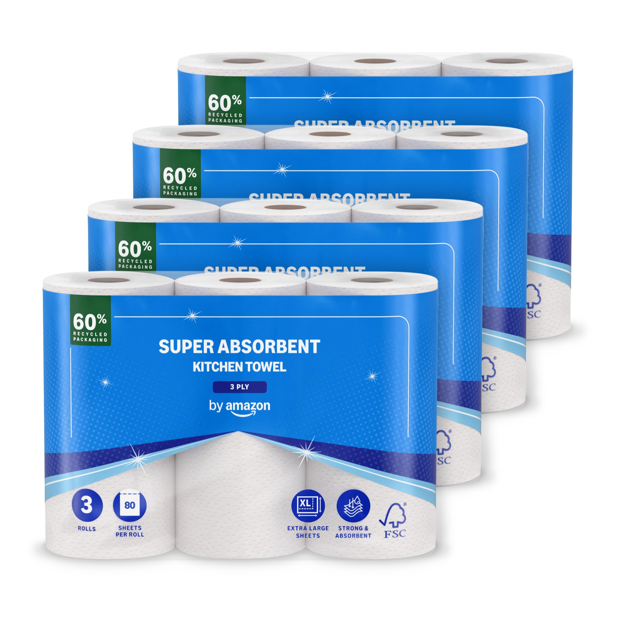 by Amazon Super Absorbent Kitchen Towel 3-Ply - 12 Rolls (4x3) - 80 Sheets Per Roll - FSC Certified Paper Towels - Damaged Box