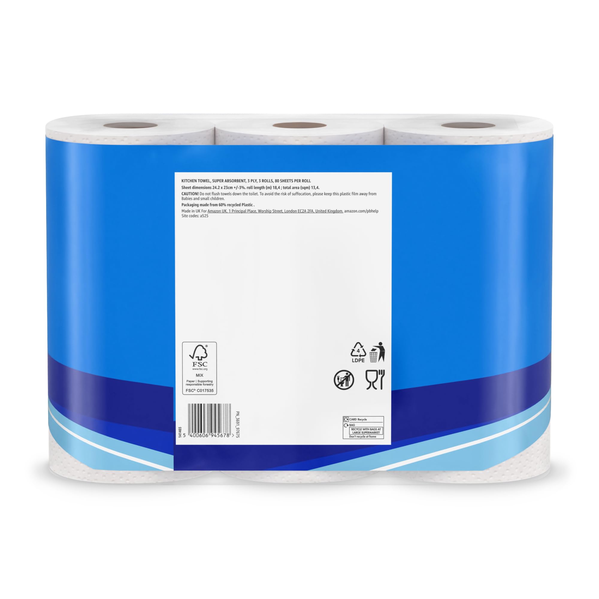 by Amazon Super Absorbent Kitchen Towel 3-Ply - 12 Rolls (4x3) - 80 Sheets Per Roll - FSC Certified Paper Towels - Damaged Box