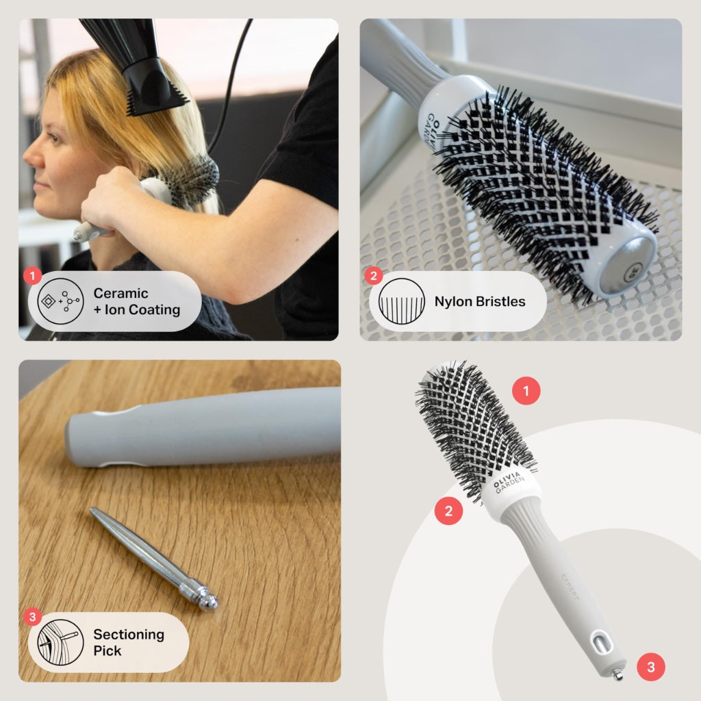 Olivia Garden Expert Blowout Shine - White & Grey - 35 - Ceramic Coated Round Brush for Smooth Blowout, Frizz-Free Hair & Radiant Shine - New