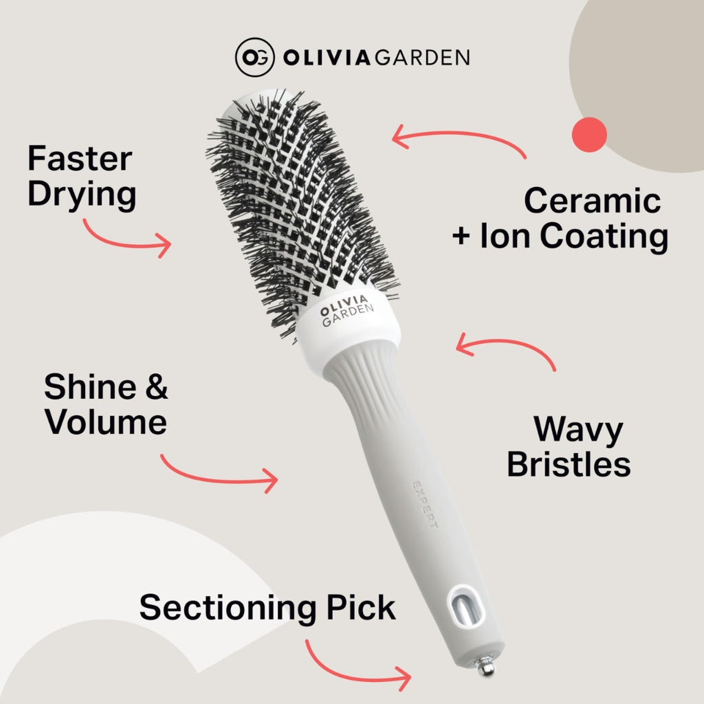 Olivia Garden Expert Blowout Shine - White & Grey - 35 - Ceramic Coated Round Brush for Smooth Blowout, Frizz-Free Hair & Radiant Shine - New