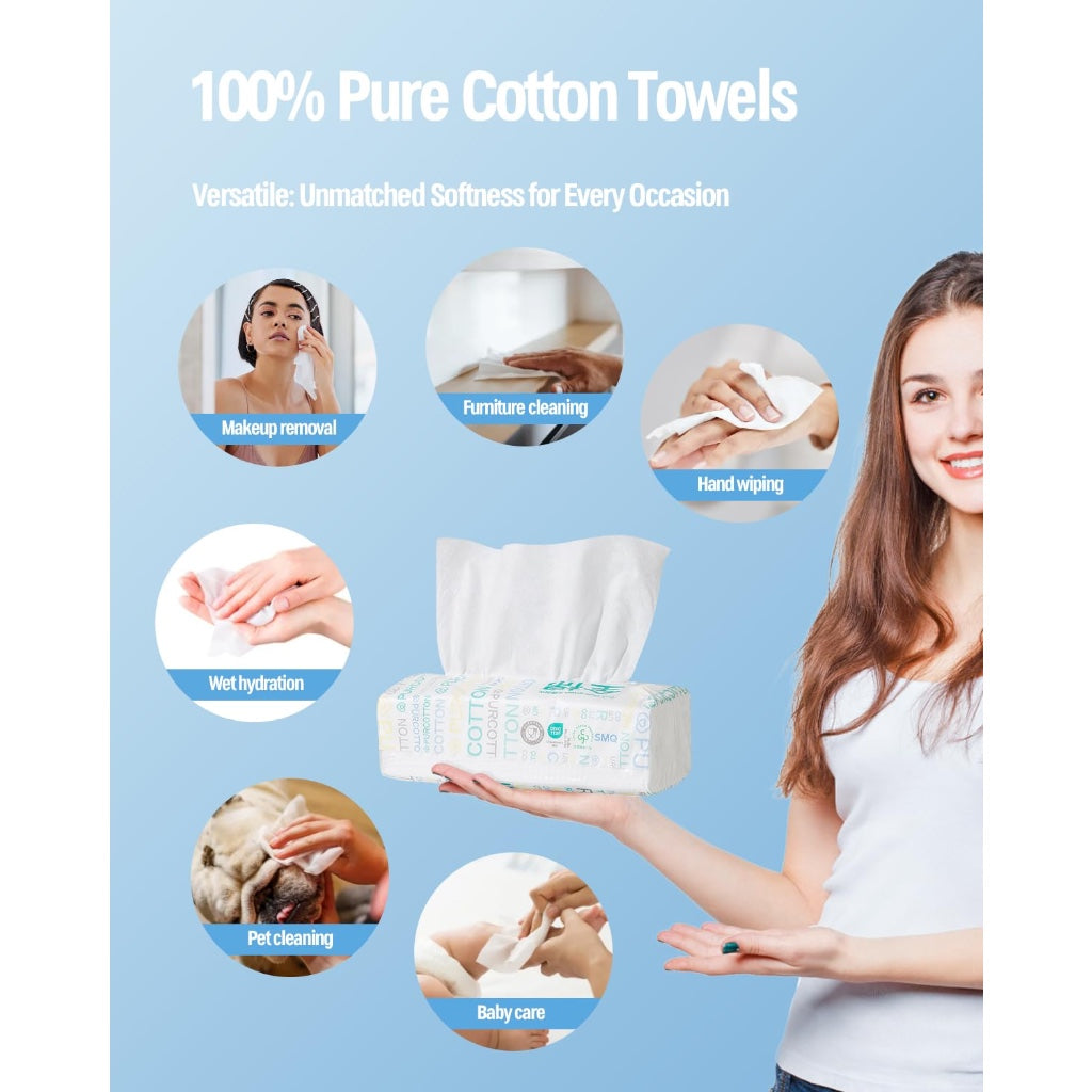 Purcotton Disposable Face Towel, 600-Count 100% Cotton Dry Wipes, Unscented & Biodegradable Cotton Tissue, Face Cloths for Makeup Removing, Skin Care, Traveling, 20x20 cm - New