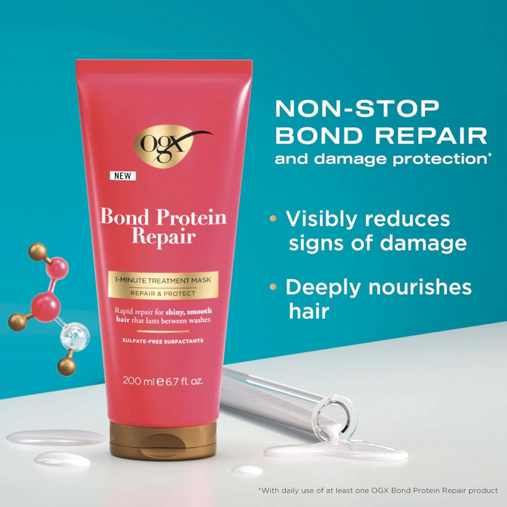 OGX Bond Protein Repair 1 Minute Treatment Mask, Repair & Protect, Rapid Repair for Shiny & Smooth Hair Between Washes, Sulfate Free, 200ml - New