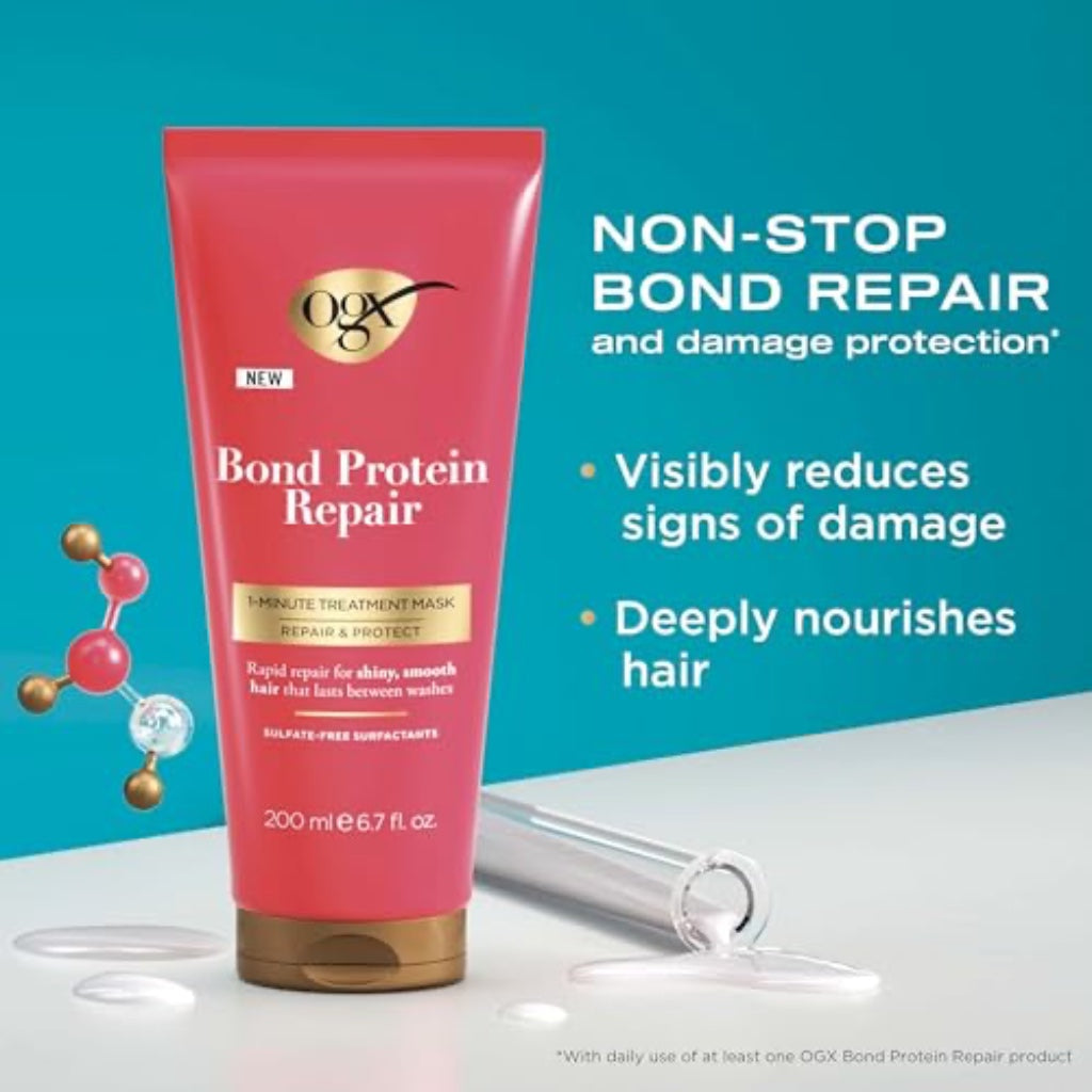 OGX Bond Protein Repair 1 Minute Treatment Mask, Repair & Protect, Rapid Repair for Shiny & Smooth Hair Between Washes, Sulfate Free, 200ml - New
