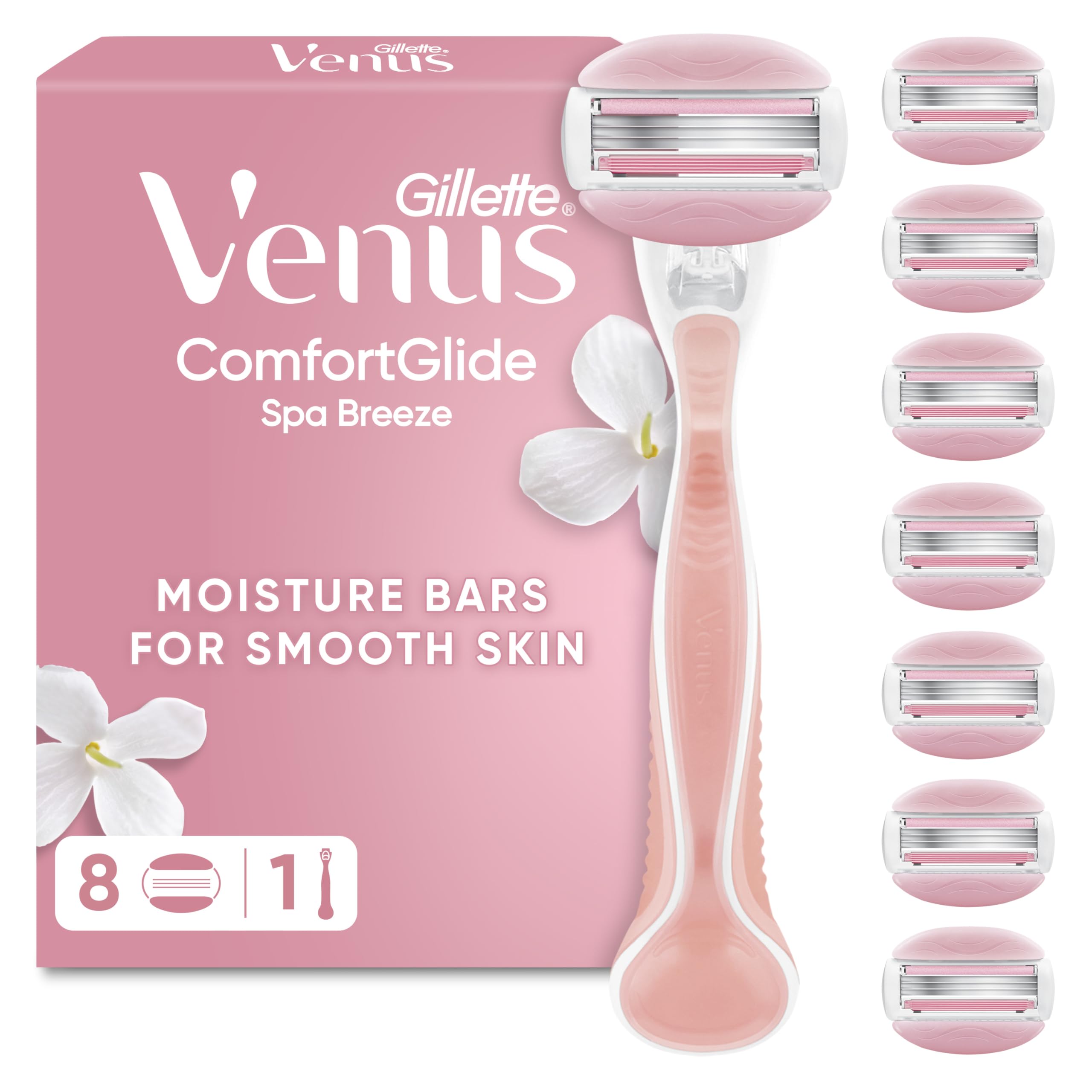 Gillette Venus Comfortglide Spa Breeze Women's Razor Handle & 8 Refill Blades Cartridges - New