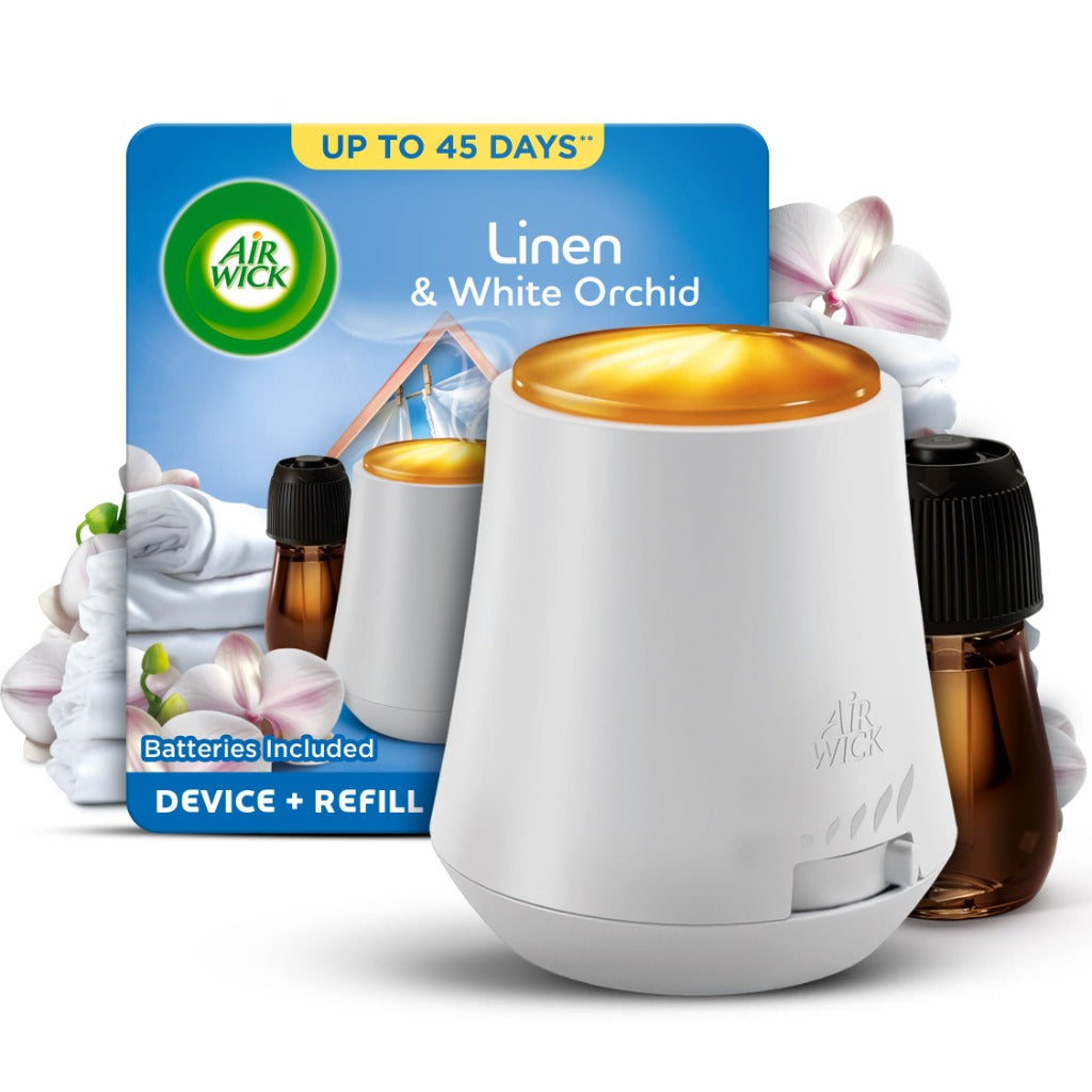 Air Wick Essential Mist Diffuser Kit - Linen & Petals - 1 Device & 1 Refill (20ml) - Natural Essential Oils Air Freshener - Up to 45 Days - Like New