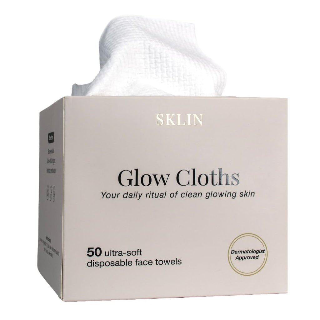 Disposable Face Cloths | SKLIN Glow Cloths - 50 count | Luxury Single-Use Face Towels | Dermatologist Approved | 100% Plant-Based Viscose | Sensitive & Acne-Prone Skin | UK Brand - New