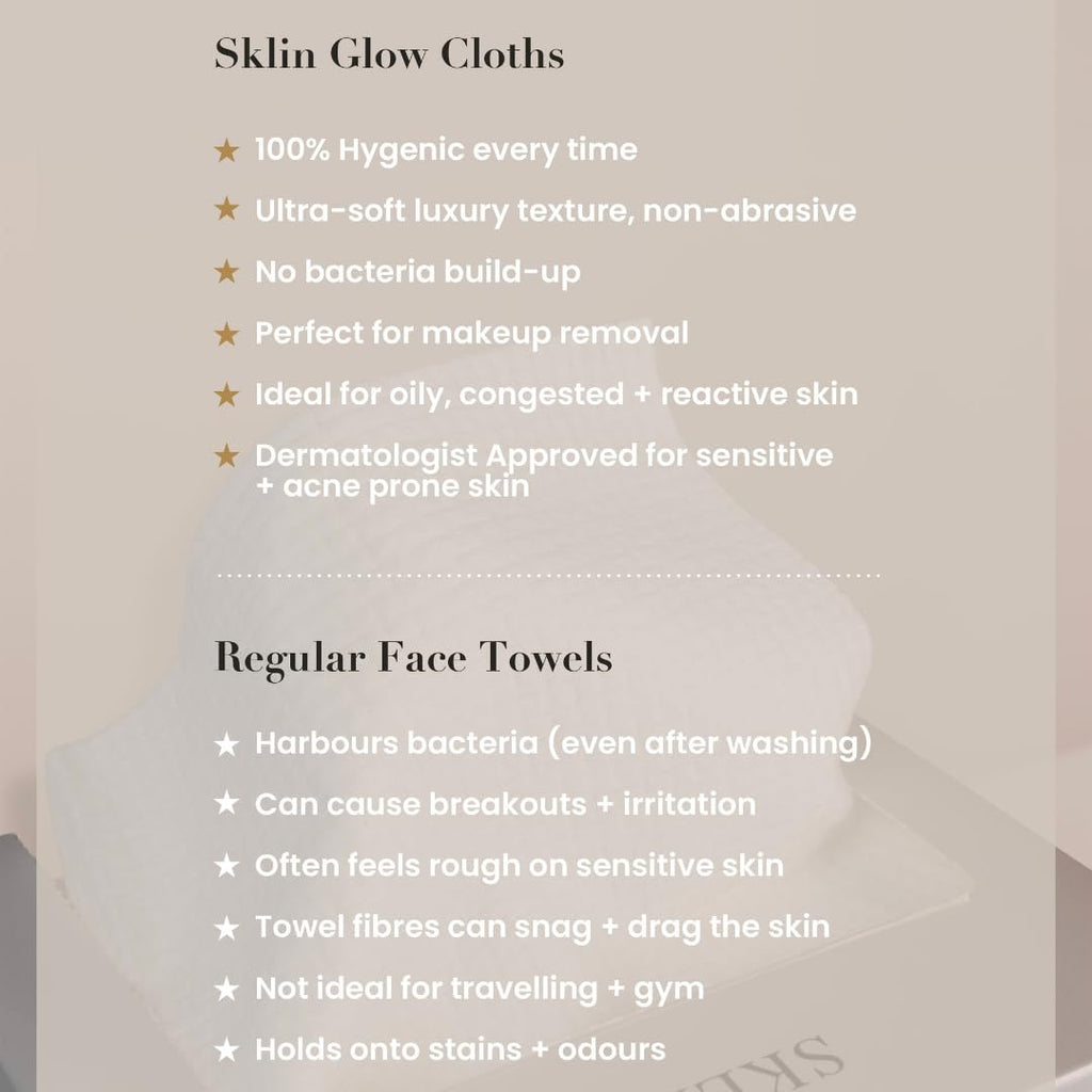 Disposable Face Cloths | SKLIN Glow Cloths - 50 count | Luxury Single-Use Face Towels | Dermatologist Approved | 100% Plant-Based Viscose | Sensitive & Acne-Prone Skin | UK Brand - New