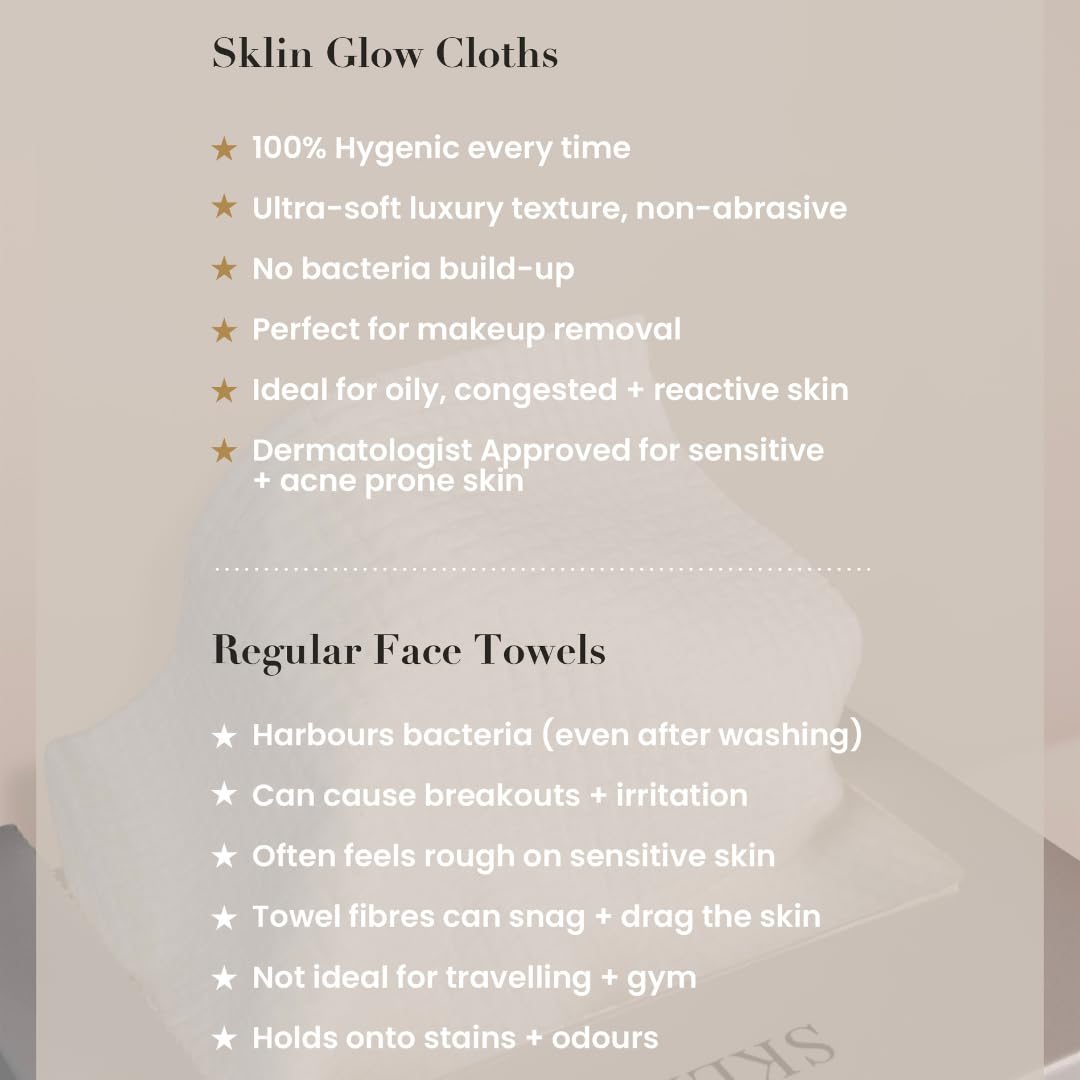 Disposable Face Cloths | SKLIN Glow Cloths - 50 count | Luxury Single-Use Face Towels | Dermatologist Approved | 100% Plant-Based Viscose | Sensitive & Acne-Prone Skin | UK Brand - New