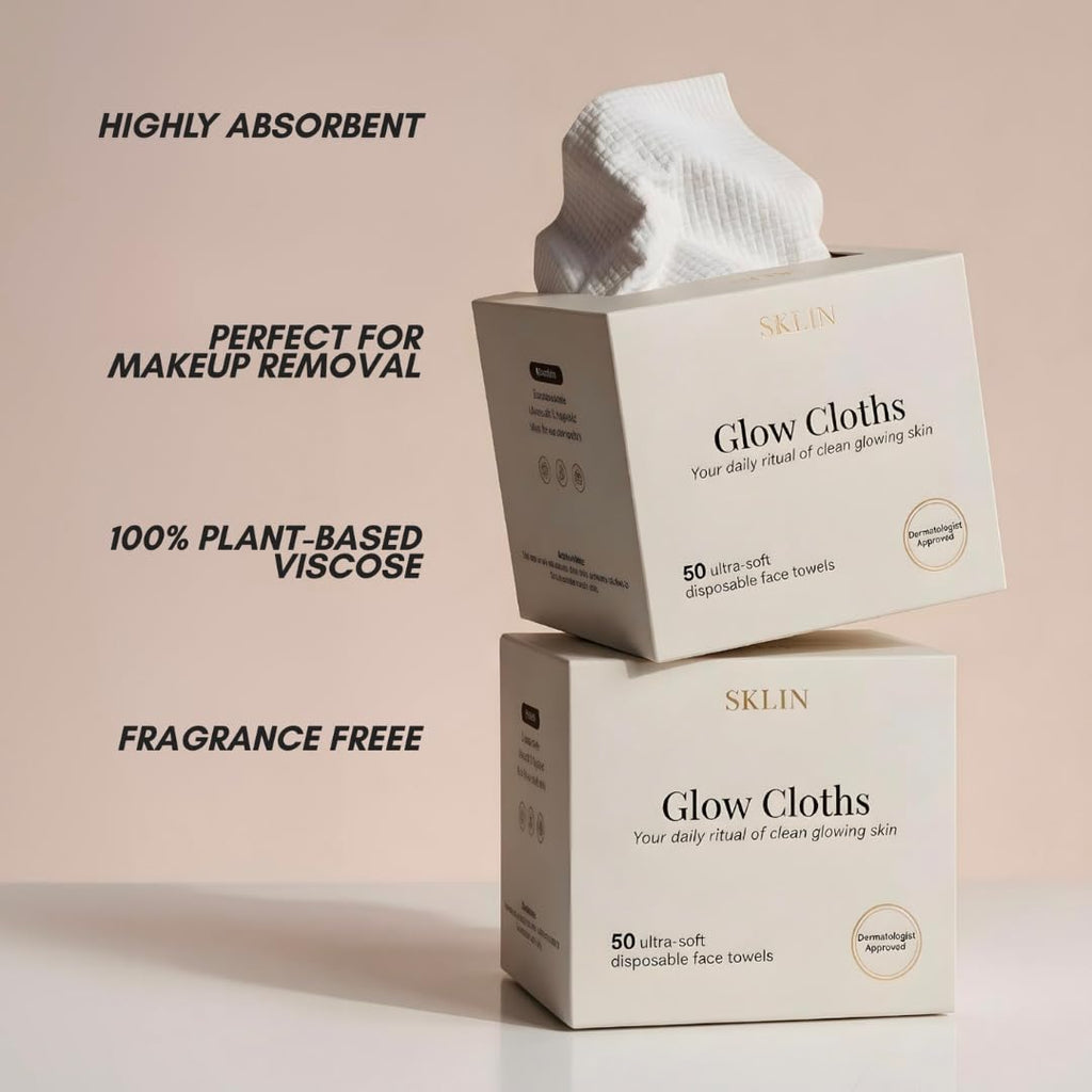 Disposable Face Cloths | SKLIN Glow Cloths - 50 count | Luxury Single-Use Face Towels | Dermatologist Approved | 100% Plant-Based Viscose | Sensitive & Acne-Prone Skin | UK Brand - New