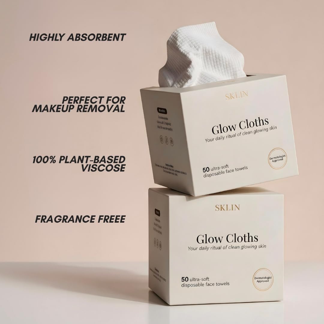 Disposable Face Cloths | SKLIN Glow Cloths - 50 count | Luxury Single-Use Face Towels | Dermatologist Approved | 100% Plant-Based Viscose | Sensitive & Acne-Prone Skin | UK Brand - New