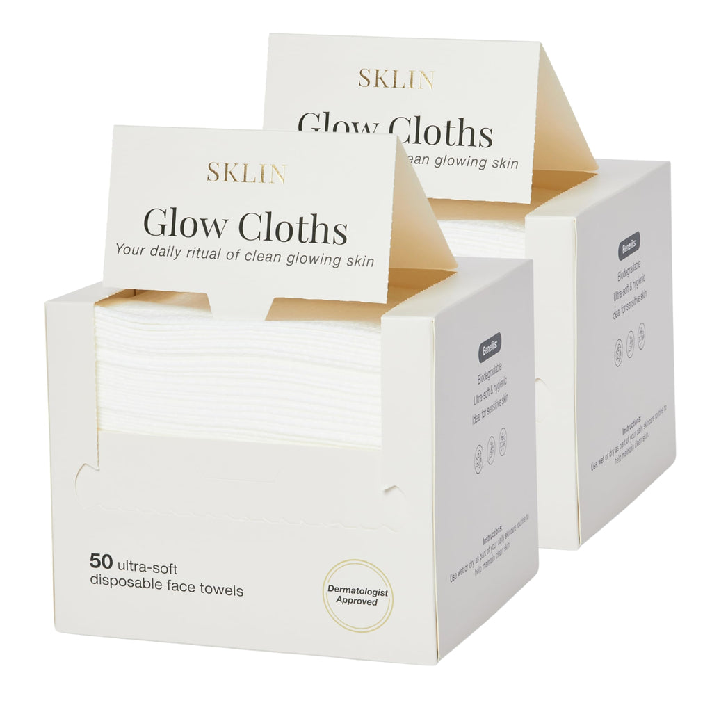 Disposable Face Cloths | SKLIN Glow Cloths - 50 count | Luxury Single-Use Face Towels | Dermatologist Approved | 100% Plant-Based Viscose | Sensitive & Acne-Prone Skin | UK Brand - New