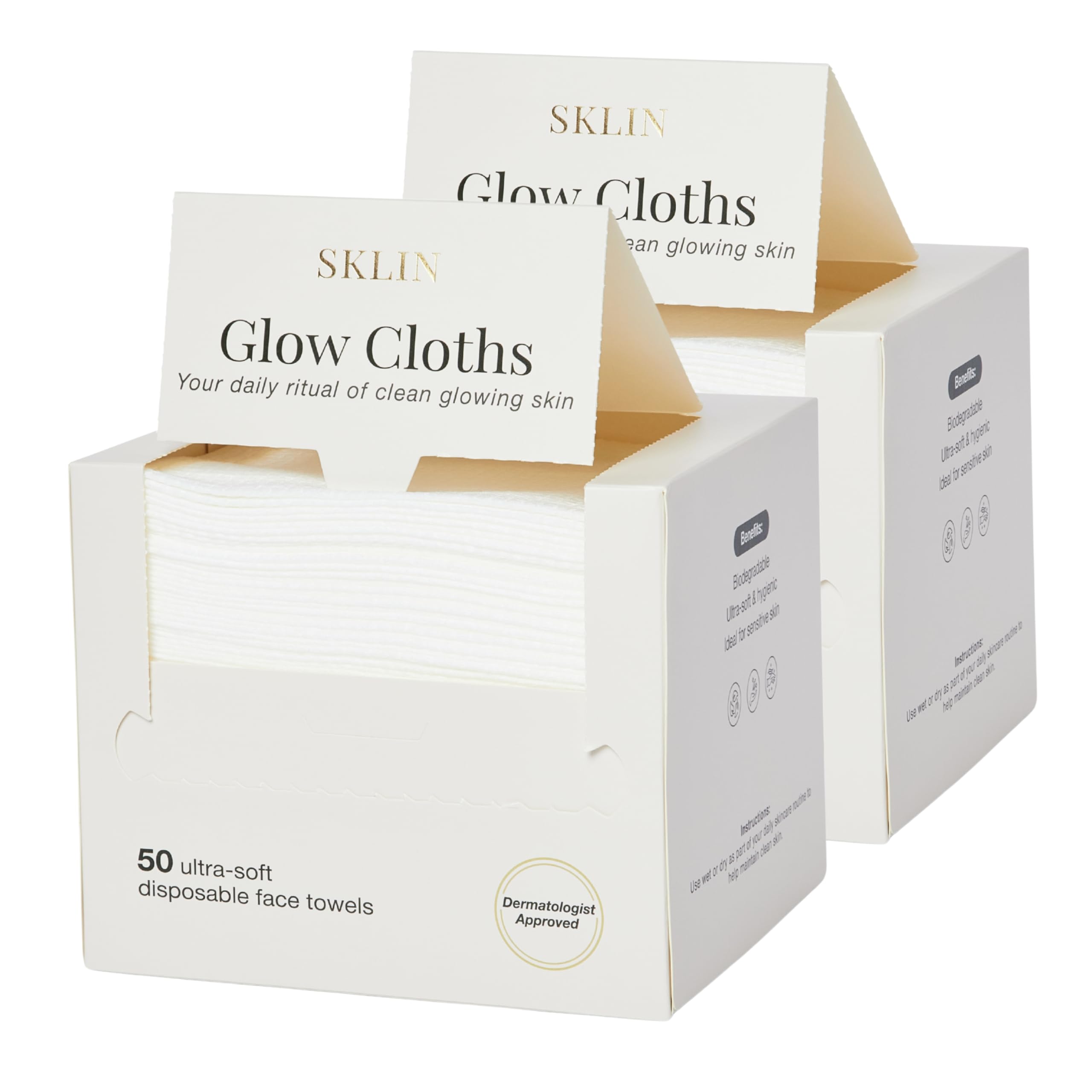 Disposable Face Cloths | SKLIN Glow Cloths - 50 count | Luxury Single-Use Face Towels | Dermatologist Approved | 100% Plant-Based Viscose | Sensitive & Acne-Prone Skin | UK Brand - New