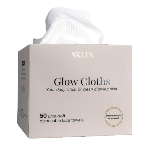 Disposable Face Cloths | SKLIN Glow Cloths - 50 count | Luxury Single-Use Face Towels | Dermatologist Approved | 100% Plant-Based Viscose | Sensitive & Acne-Prone Skin | UK Brand - New