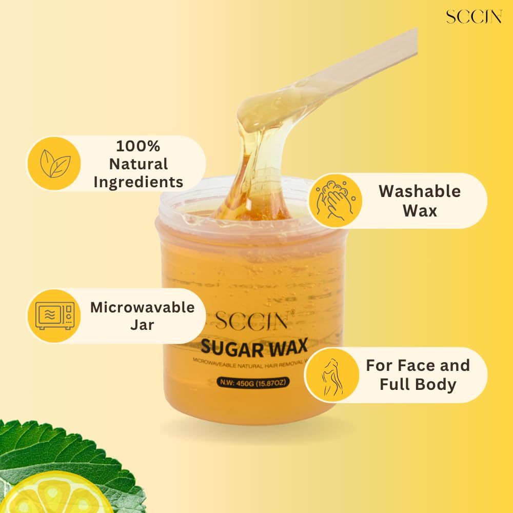 SCCIN 100% Natural Sugar Wax Hair Removal Kit 450g, Microwavable Depilatory Wax Jar with 20 Reusable Strips & 4 Wooden Spatulas for Face and Body Waxing - Damaged Box