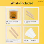 SCCIN 100% Natural Sugar Wax Hair Removal Kit 450g, Microwavable Depilatory Wax Jar with 20 Reusable Strips & 4 Wooden Spatulas for Face and Body Waxing - Damaged Box