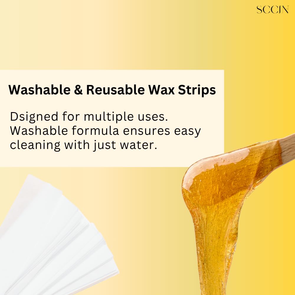 SCCIN 100% Natural Sugar Wax Hair Removal Kit 450g, Microwavable Depilatory Wax Jar with 20 Reusable Strips & 4 Wooden Spatulas for Face and Body Waxing - Damaged Box