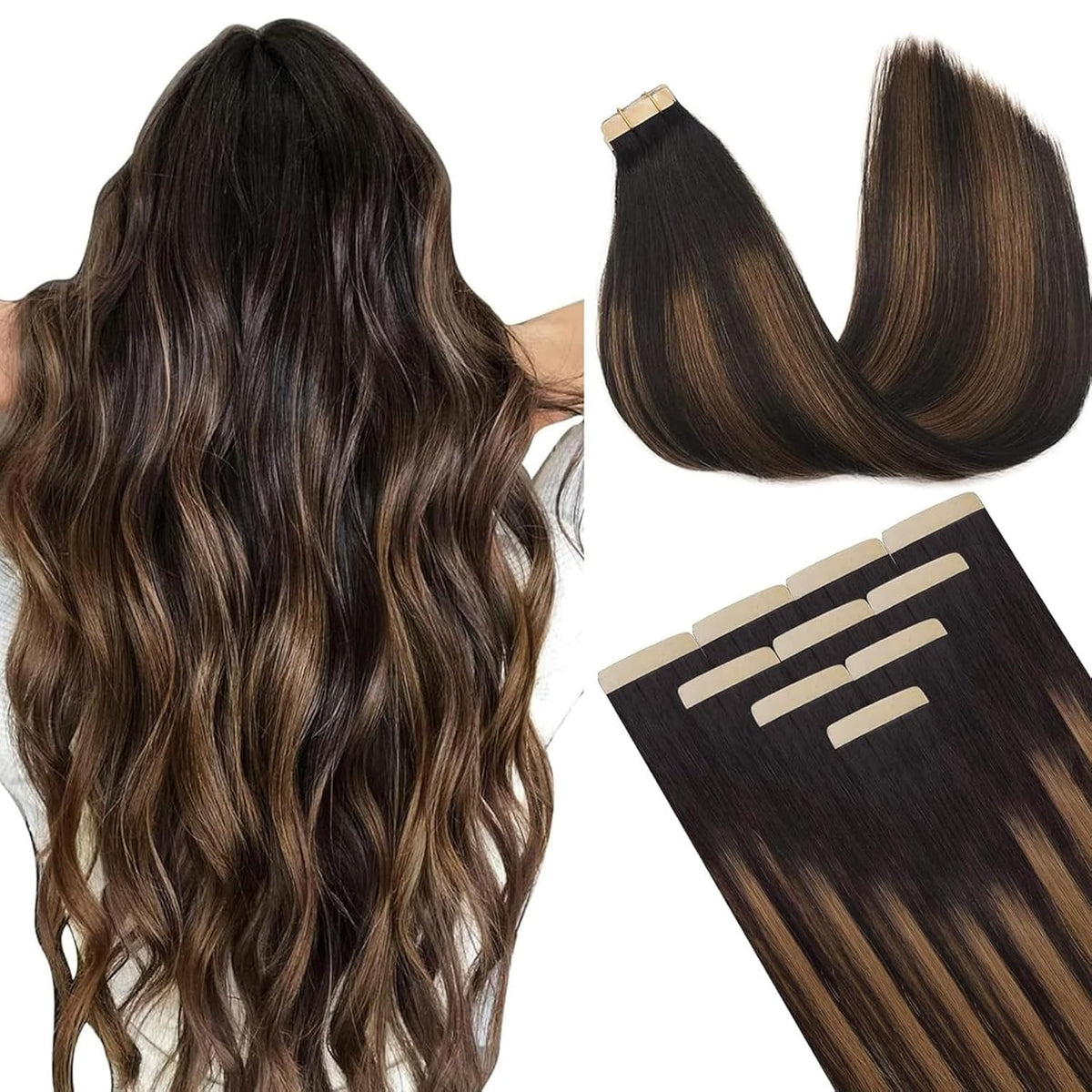 DOORES Human Hair Tape in Extensions, Balayage Dark Brown to Chestnut Brown, 14 inches 10pcs 25g, HIGHLIGHT or SUPPLEMENT, Silky Straight Weft for Summer Party Wedding Daily Work, Reusable - New