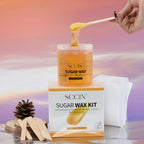 SCCIN 100% Natural Sugar Wax Hair Removal Kit 450g, Microwavable Depilatory Wax Jar with 20 Reusable Strips & 4 Wooden Spatulas for Face and Body Waxing - Damaged Box