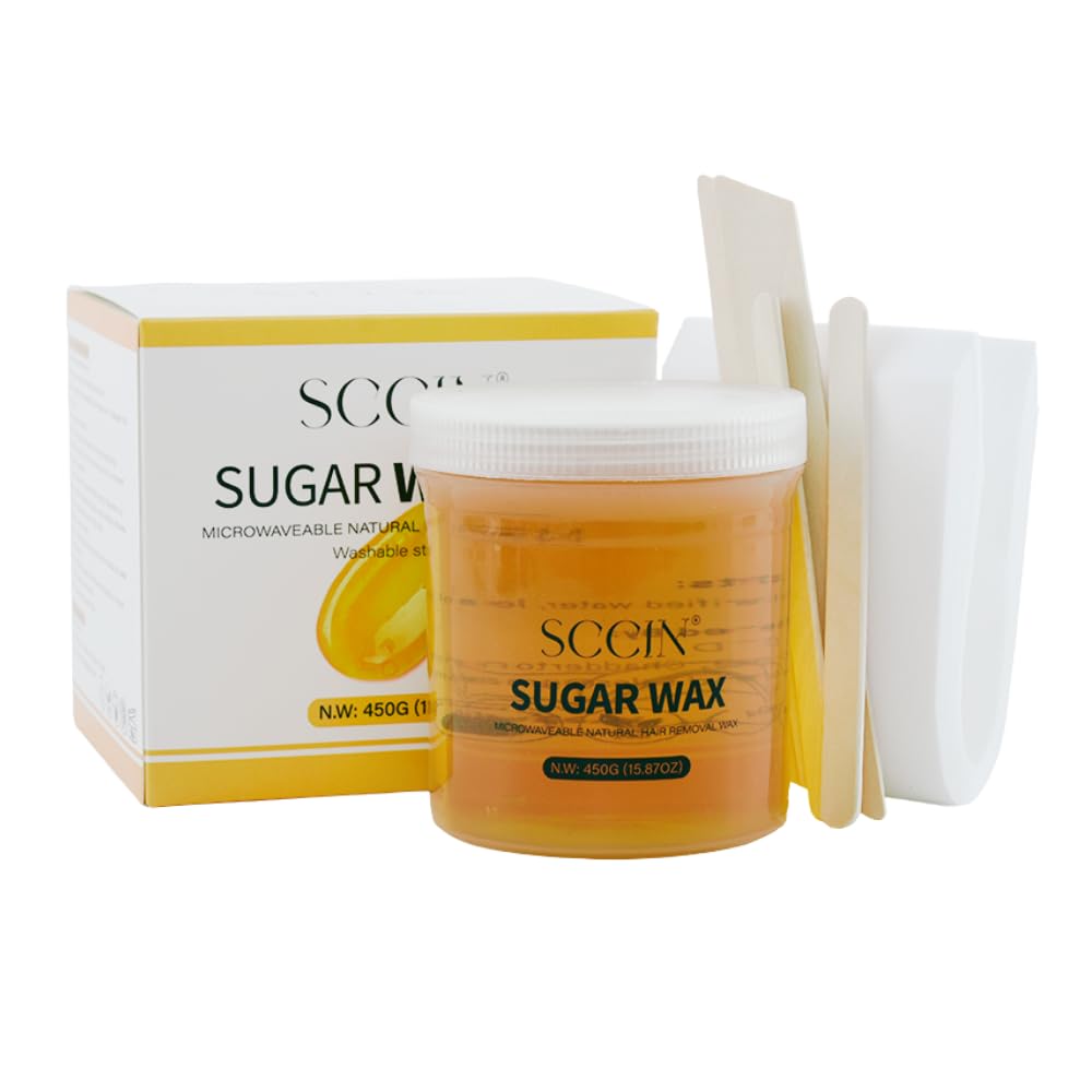SCCIN 100% Natural Sugar Wax Hair Removal Kit 450g, Microwavable Depilatory Wax Jar with 20 Reusable Strips & 4 Wooden Spatulas for Face and Body Waxing - Damaged Box