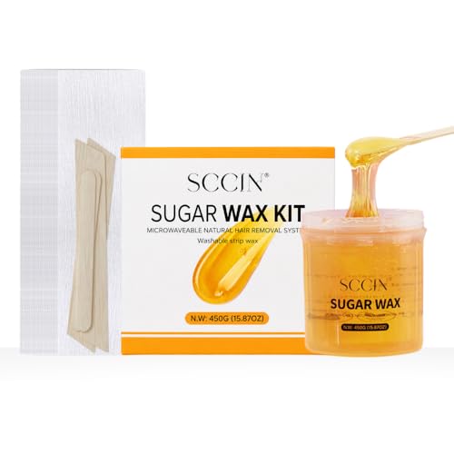 SCCIN 100% Natural Sugar Wax Hair Removal Kit 450g, Microwavable Depilatory Wax Jar with 20 Reusable Strips & 4 Wooden Spatulas for Face and Body Waxing - Damaged Box