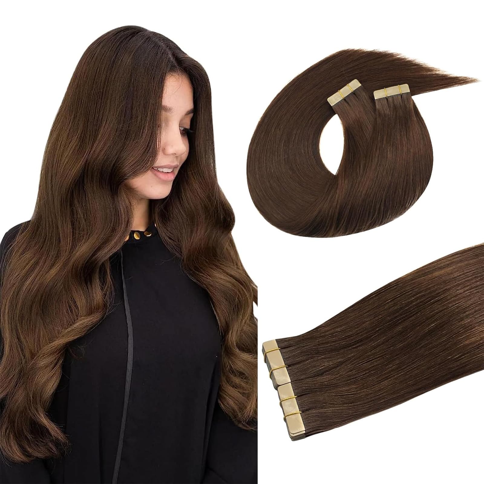 DOORES Human Hair Tape in Extensions, Balayage Dark Brown to Chestnut Brown, 14 inches 10pcs 25g, HIGHLIGHT or SUPPLEMENT, Silky Straight Weft for Summer Party Wedding Daily Work, Reusable - New