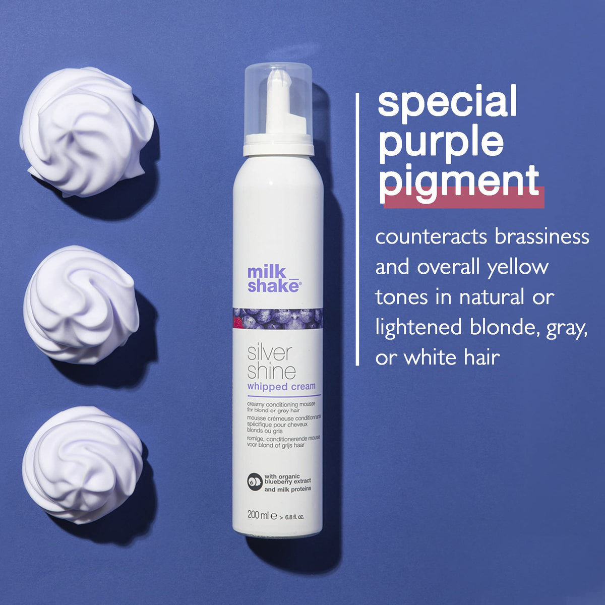 milk_shake | Silver Shine Whipped Cream 200 ml, Specific Anti-Yellow Leave-In Conditioning Foam for Blond or Grey Hair, with Violet Pigment, Made in Italy - New