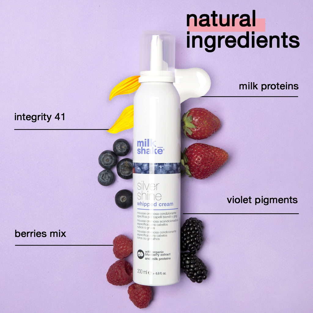 milk_shake | Silver Shine Whipped Cream 200 ml, Specific Anti-Yellow Leave-In Conditioning Foam for Blond or Grey Hair, with Violet Pigment, Made in Italy - New