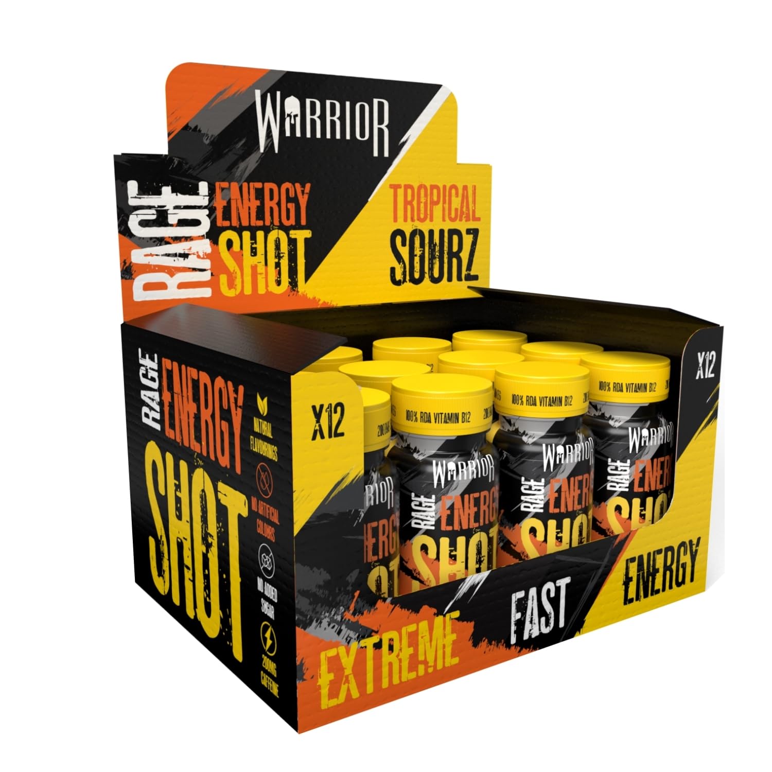 Warrior Rage Energy Shots - 12 x 60ml Tropical Sourz Pre Workout Drink - Ready to Drink Energy Shot - Damaged Box - BBE 03/2027