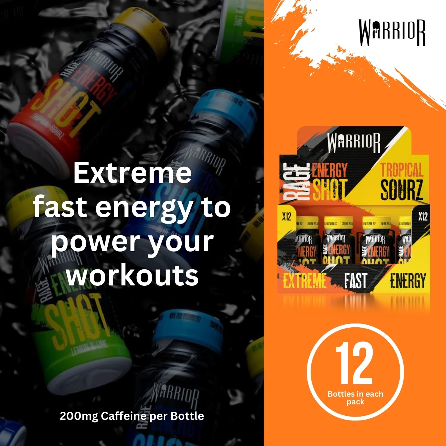 Warrior Rage Energy Shots - 12 x 60ml Tropical Sourz Pre Workout Drink - Ready to Drink Energy Shot - Damaged Box - BBE 03/2027