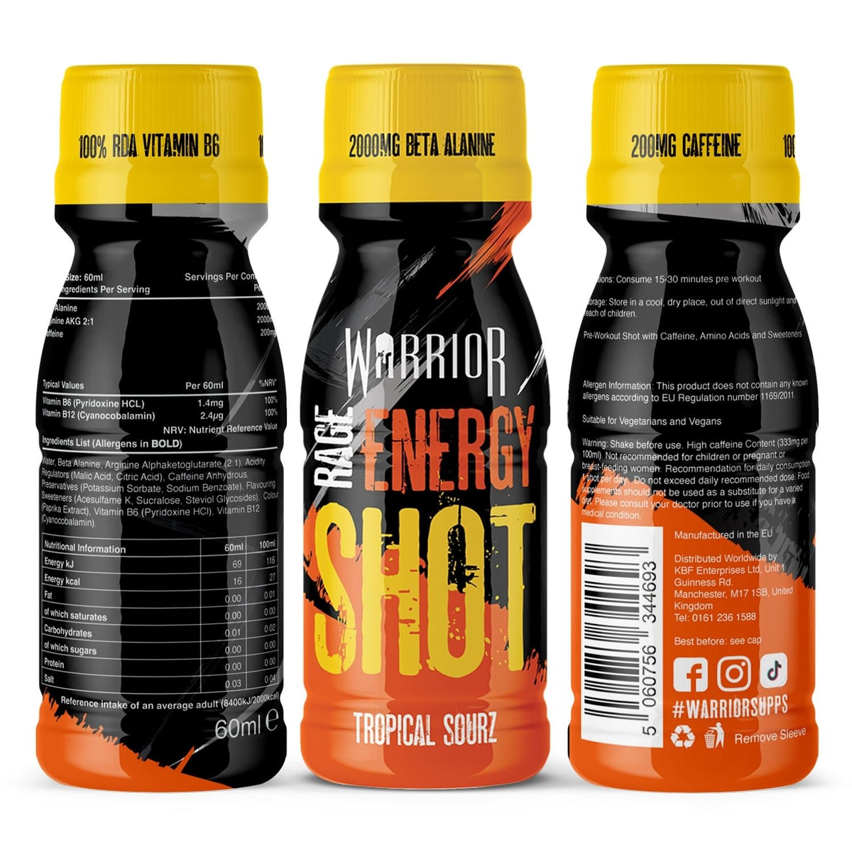 Warrior Rage Energy Shots - 12 x 60ml Tropical Sourz Pre Workout Drink - Ready to Drink Energy Shot - Damaged Box - BBE 03/2027