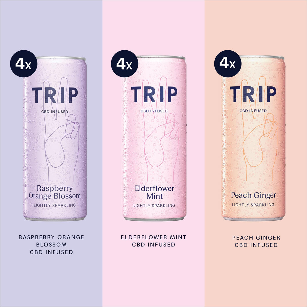 TRIP Sparkling Drink - Low Calorie Vegan Mixed Pack - 12 x 250ml Cans - CBD Infused Refreshment - Damaged Box - BBE 01/2028
