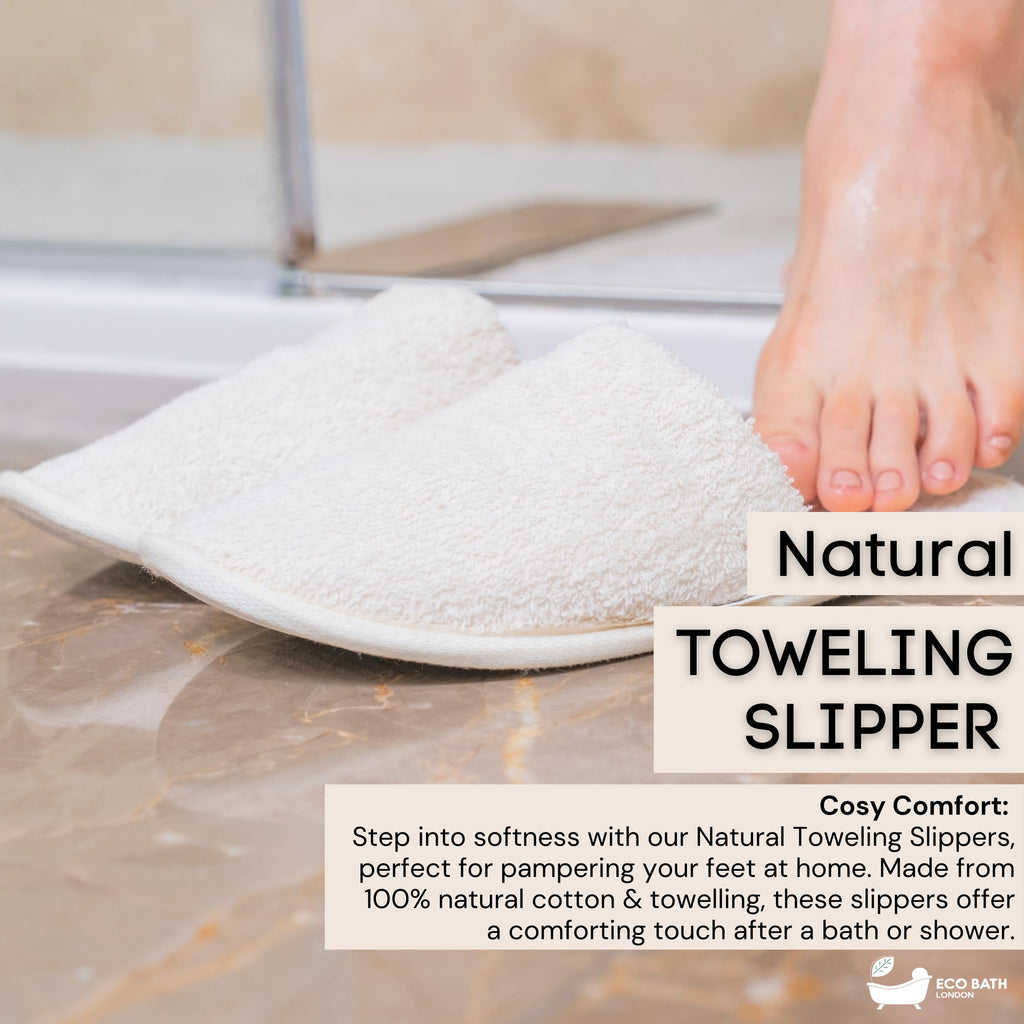 Eco Bath London Natural Toweling Slippers - Luxury 100% Organic Cotton, Ultra Soft, Machine Washable Indoor Slippers for Bath and Home, S Size (4-5) - New