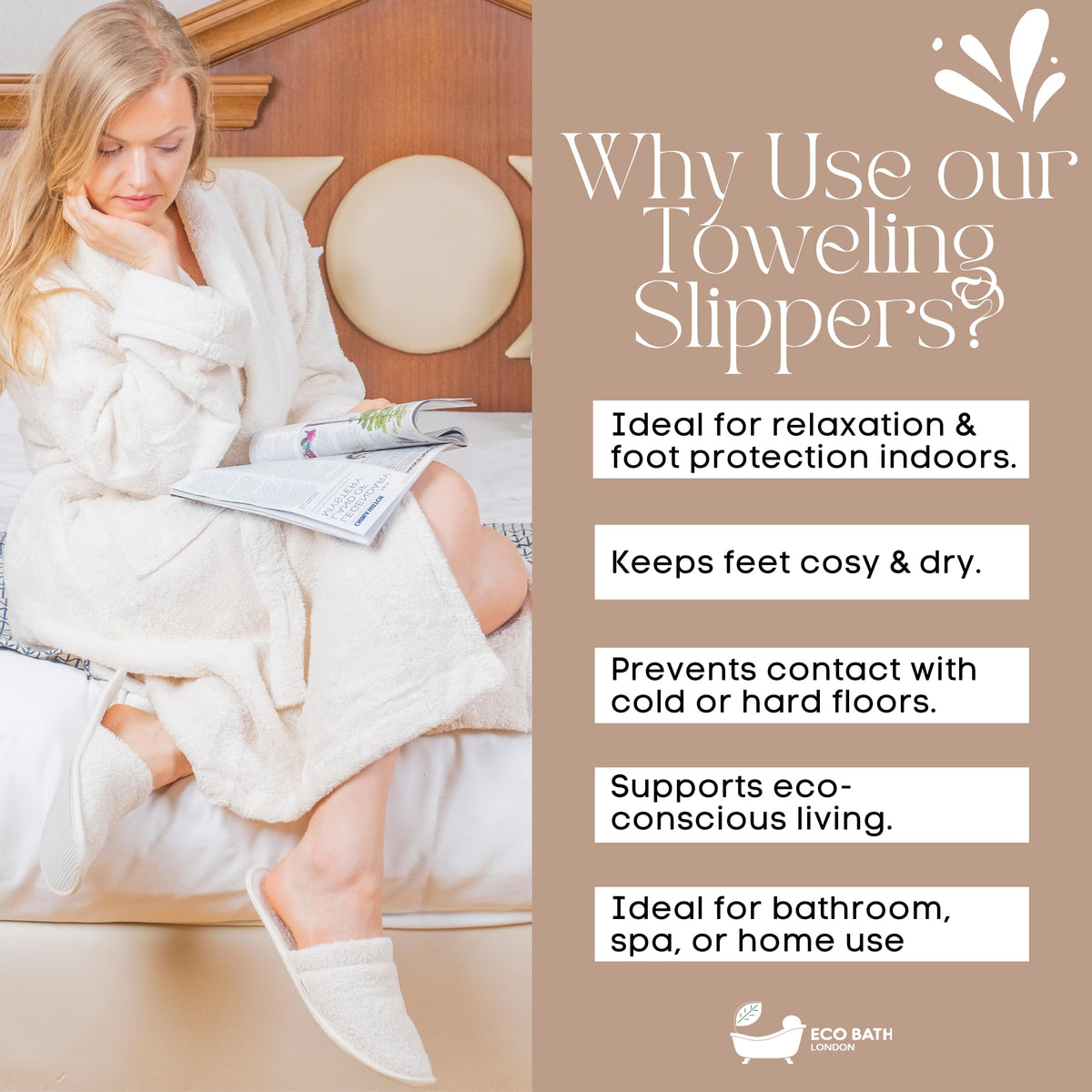 Eco Bath London Natural Toweling Slippers - Luxury 100% Organic Cotton, Ultra Soft, Machine Washable Indoor Slippers for Bath and Home, S Size (4-5) - New
