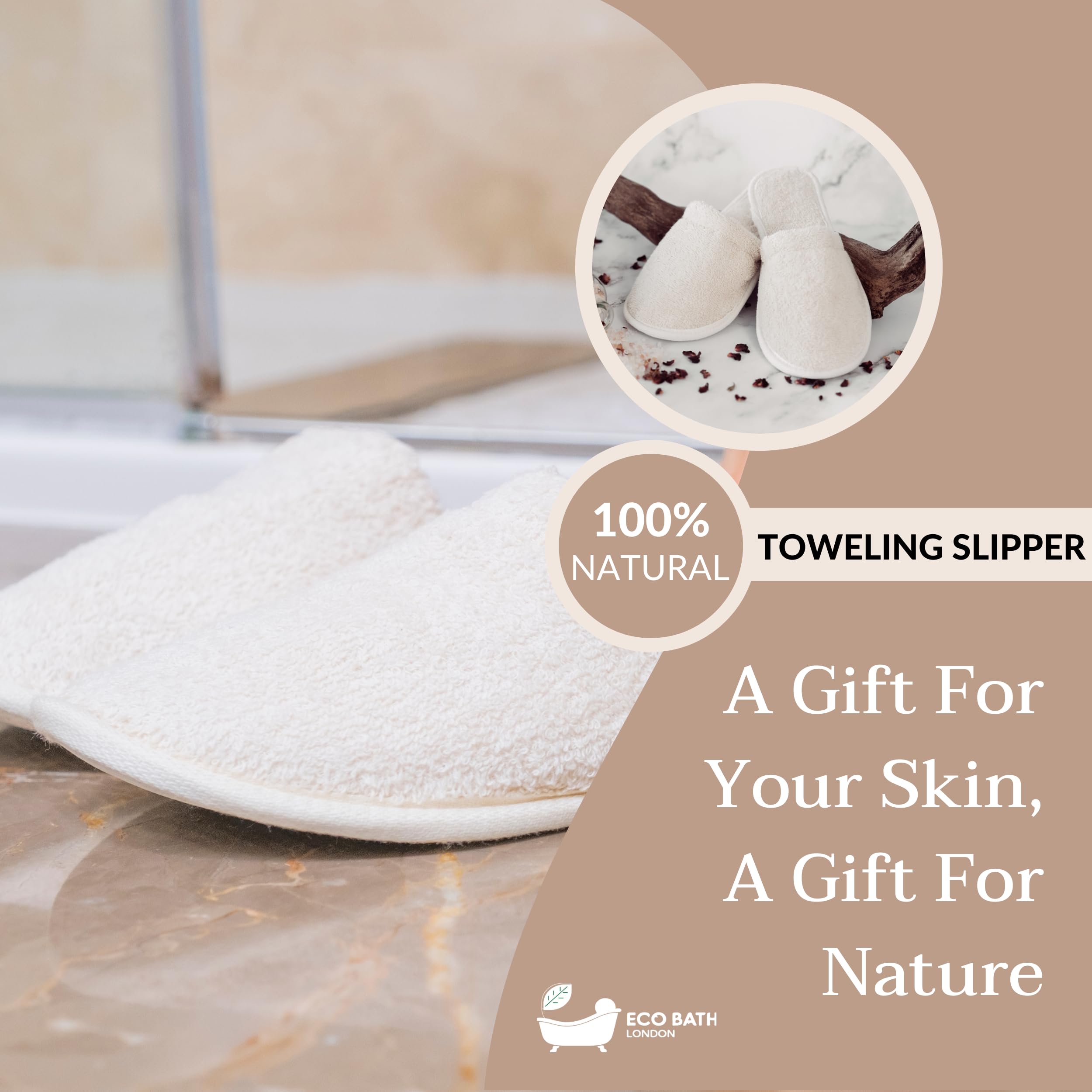 Eco Bath London Natural Toweling Slippers - Luxury 100% Organic Cotton, Ultra Soft, Machine Washable Indoor Slippers for Bath and Home, S Size (4-5) - New
