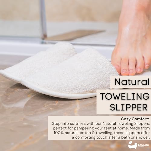 Eco Bath London Natural Toweling Slippers - Luxury 100% Organic Cotton, Ultra Soft, Machine Washable Indoor Slippers for Bath and Home, S Size (4-5) - New